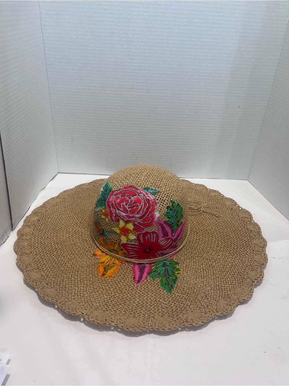 Unlisted Tan Woven Sun Hat with Colorful Floral Embroidery
